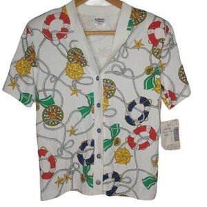 NOS Vintage Aileen Petite Small Nautical Print Shirt Button Up Yacht Short Slv